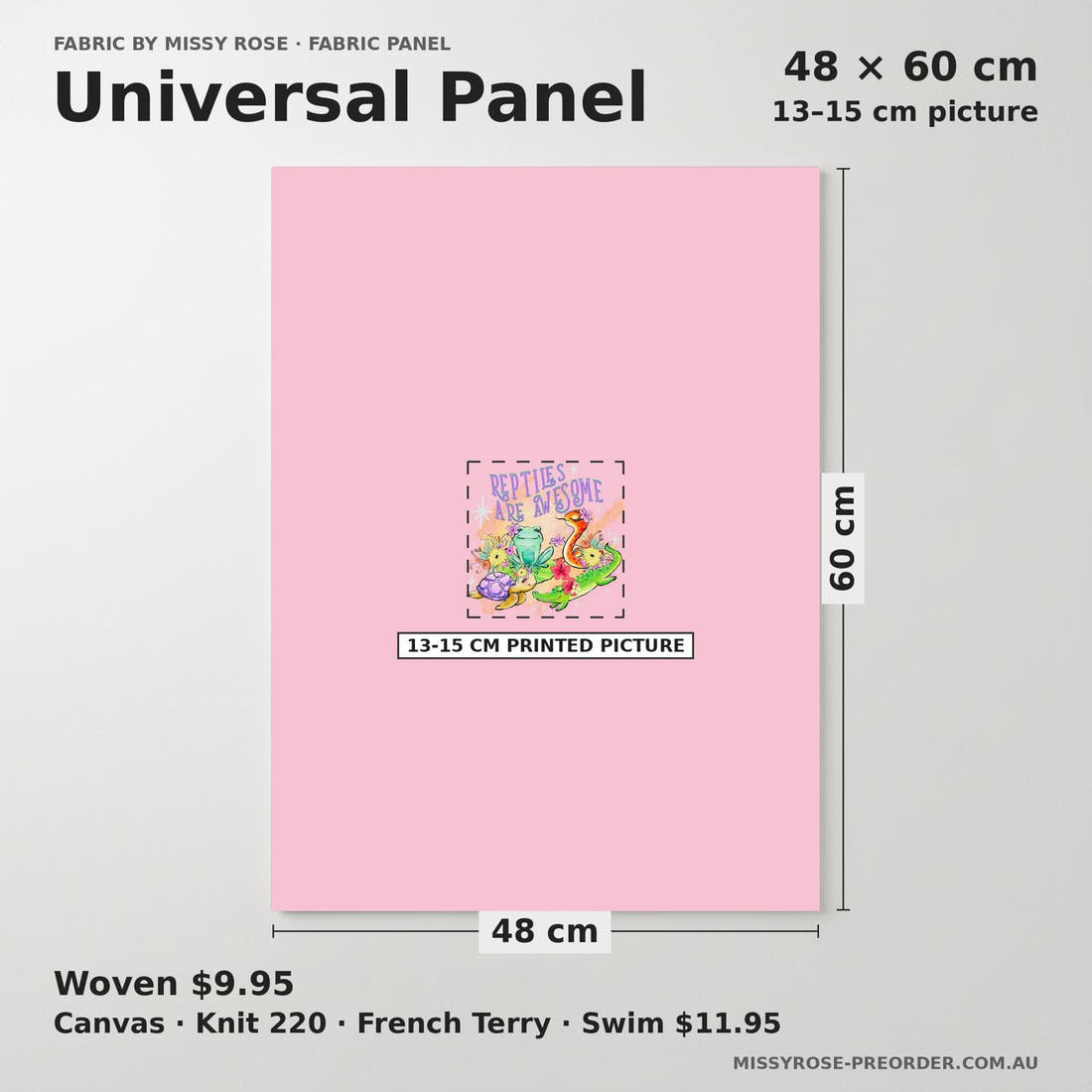 Design 804 Reptile Panel universal panel sizing – 13–15 cm printed picture on 48 × 60 cm fabric | Fabric by Missy Rose