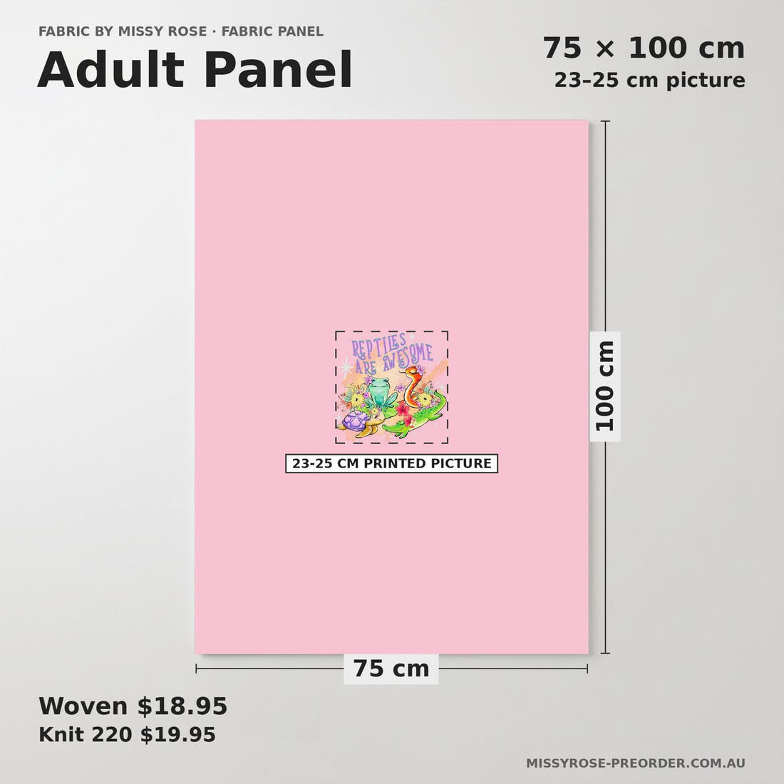 Design 804 Reptile Panel adult panel sizing – 23–25 cm printed picture on 75 × 100 cm fabric | Fabric by Missy Rose