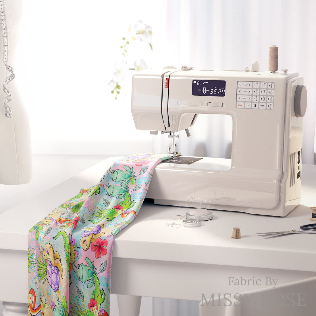 Design 804 Reptile Fabric on a sewing machine – premium fabric for sewing projects | Fabric by Missy Rose