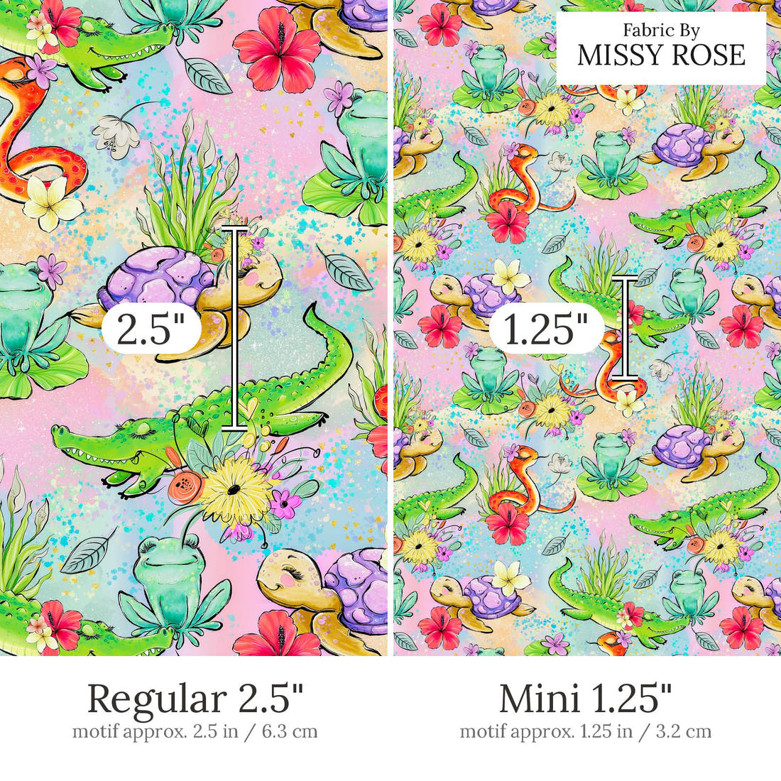 Design 804 Reptile Fabric Regular 2.5 inch vs Mini 1.25 inch print scale side by side | Fabric by Missy Rose