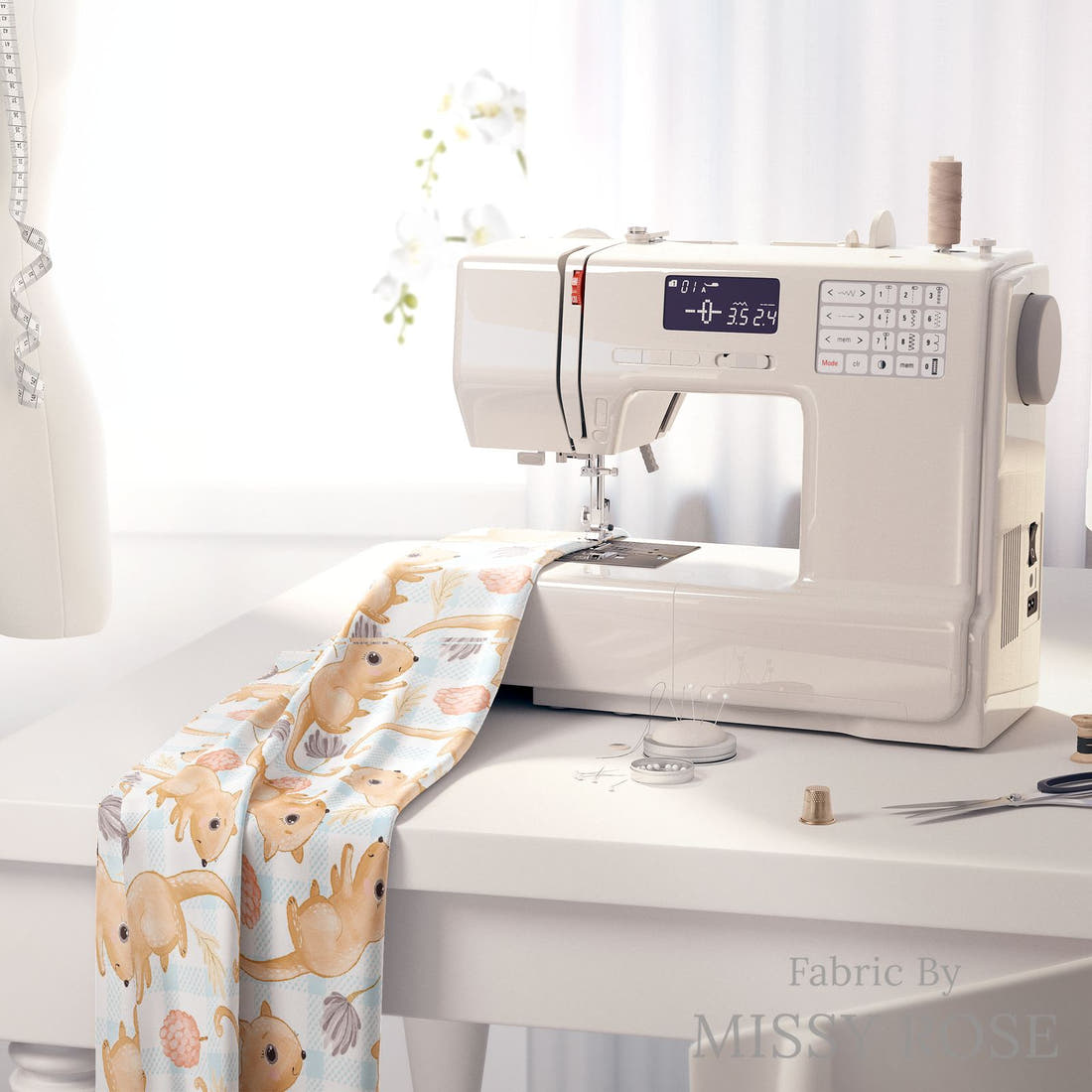 Design 806 Plaid Possum Fabric on a sewing machine – premium fabric for sewing projects | Fabric by Missy Rose