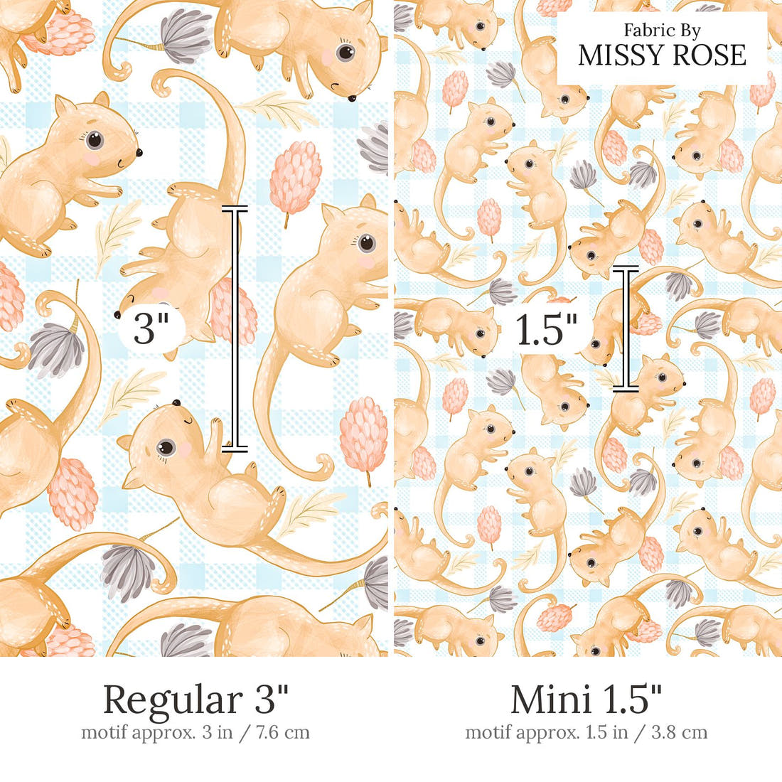 Design 806 Plaid Possum Fabric Regular 3 inch vs Mini 1.5 inch print scale side by side | Fabric by Missy Rose