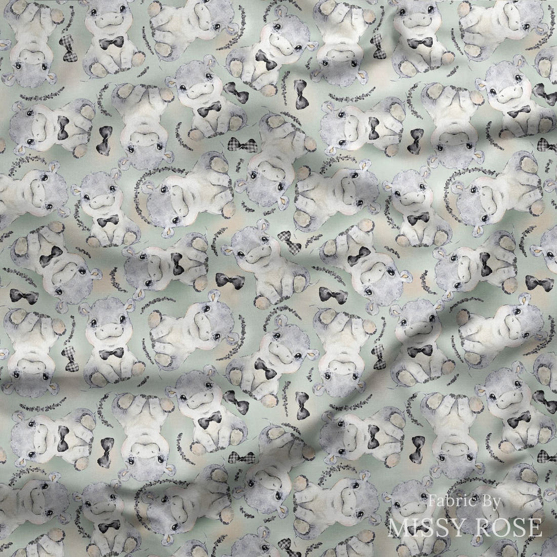 Design 807 Grey Hippo Fabric draped fabric mockup – custom printed fabric by the metre | Fabric by Missy Rose