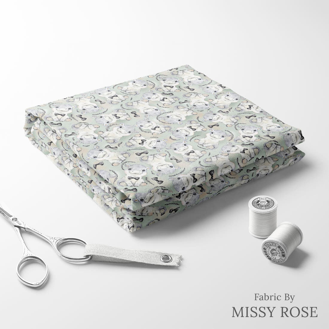 Design 807 Grey Hippo Fabric folded fabric stack with matching thread – pre-order fabric Australia | Fabric by Missy Rose