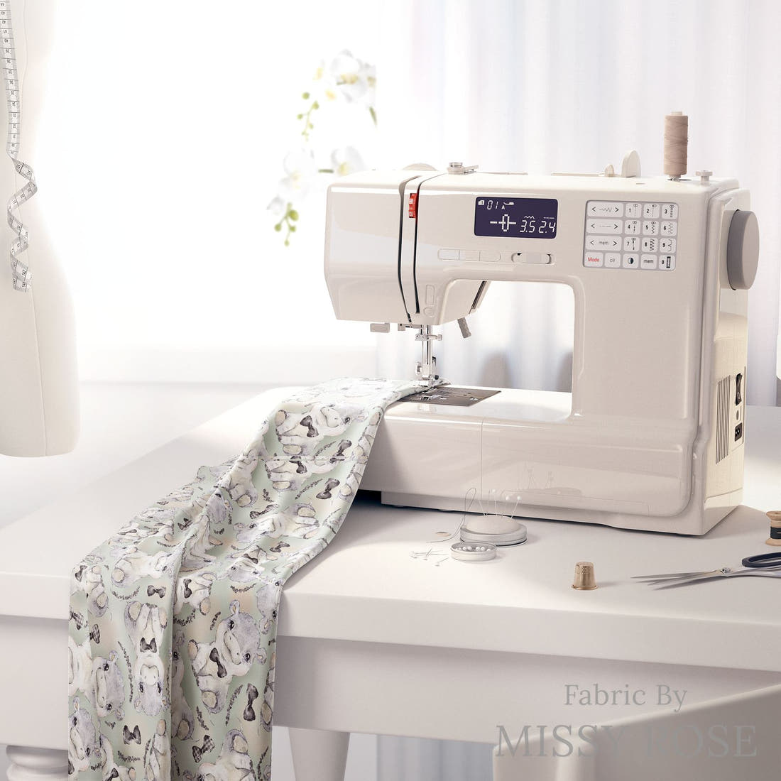 Design 807 Grey Hippo Fabric on a sewing machine – premium fabric for sewing projects | Fabric by Missy Rose