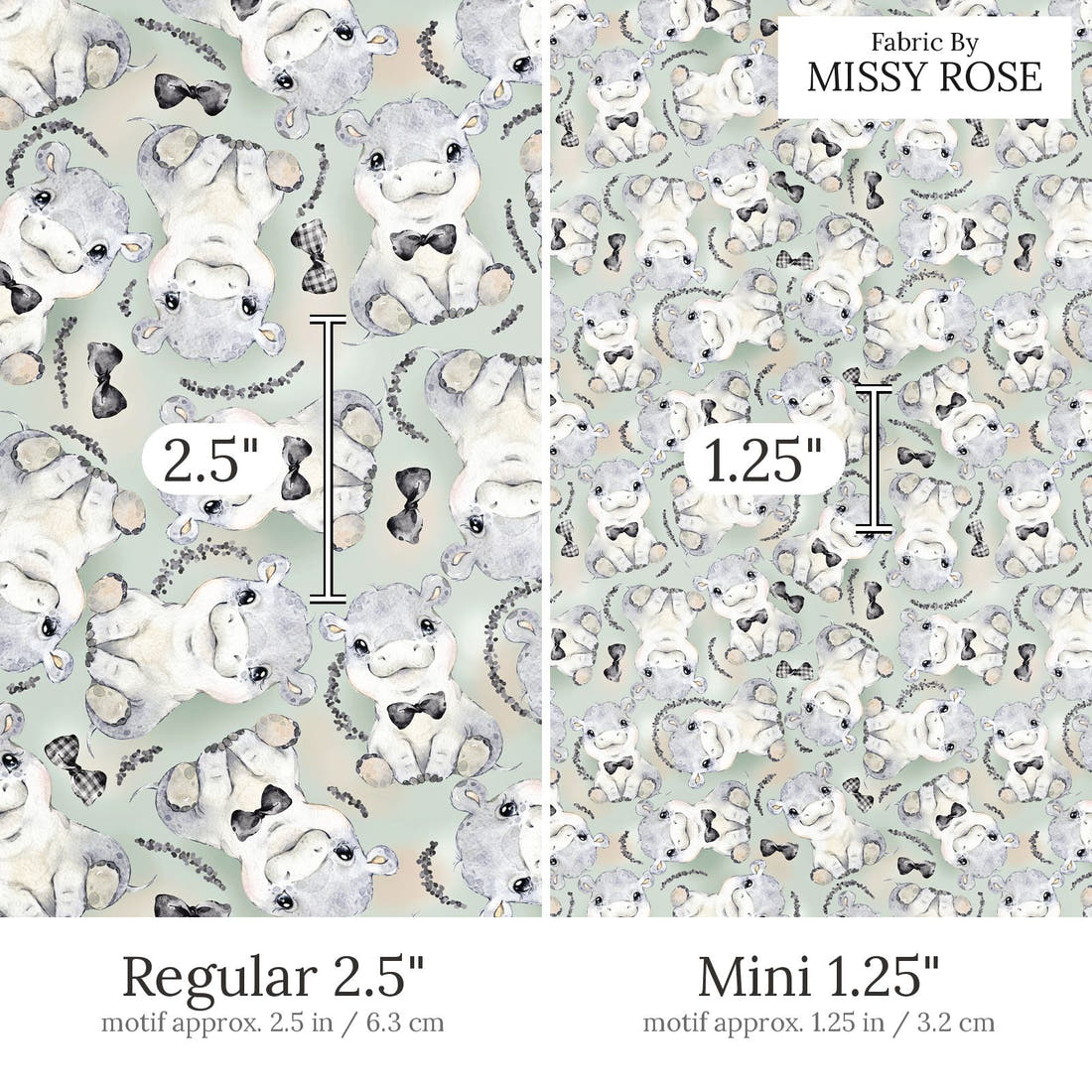 Design 807 Grey Hippo Fabric Regular 2.5 inch vs Mini 1.25 inch print scale side by side | Fabric by Missy Rose