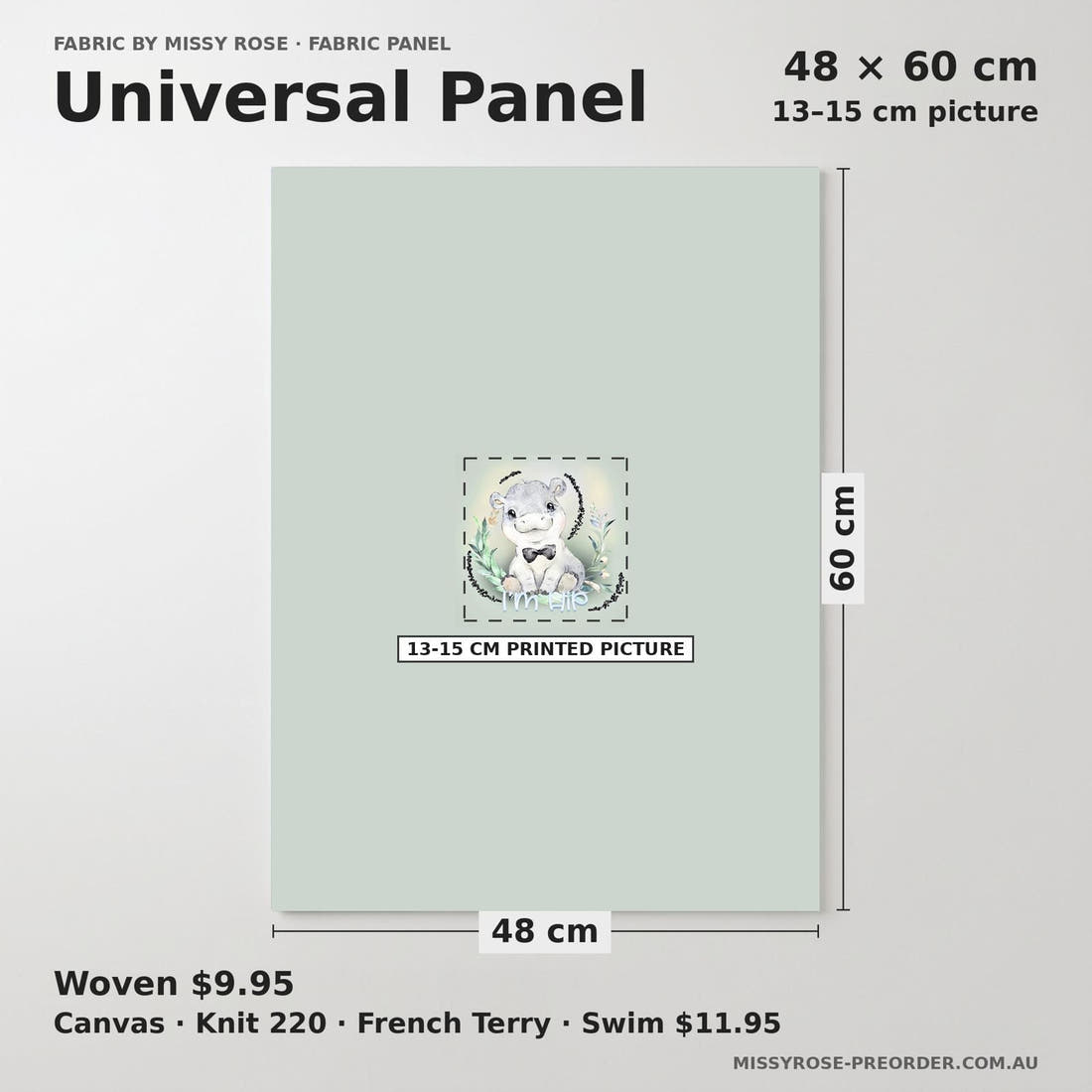 Design 807 Grey Hippo Panel universal panel sizing – 13–15 cm printed picture on 48 × 60 cm fabric | Fabric by Missy Rose