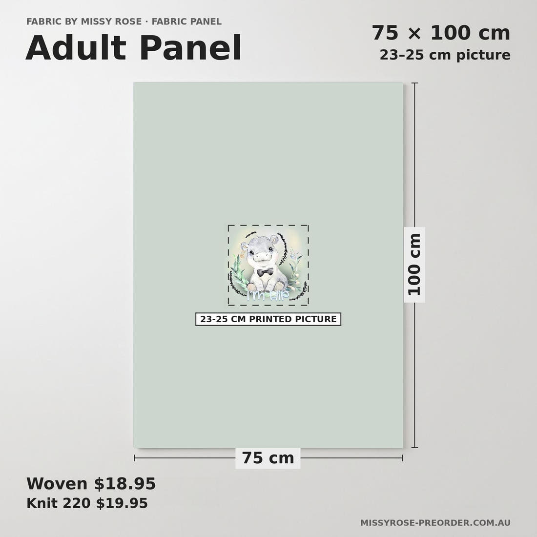 Design 807 Grey Hippo Panel adult panel sizing – 23–25 cm printed picture on 75 × 100 cm fabric | Fabric by Missy Rose