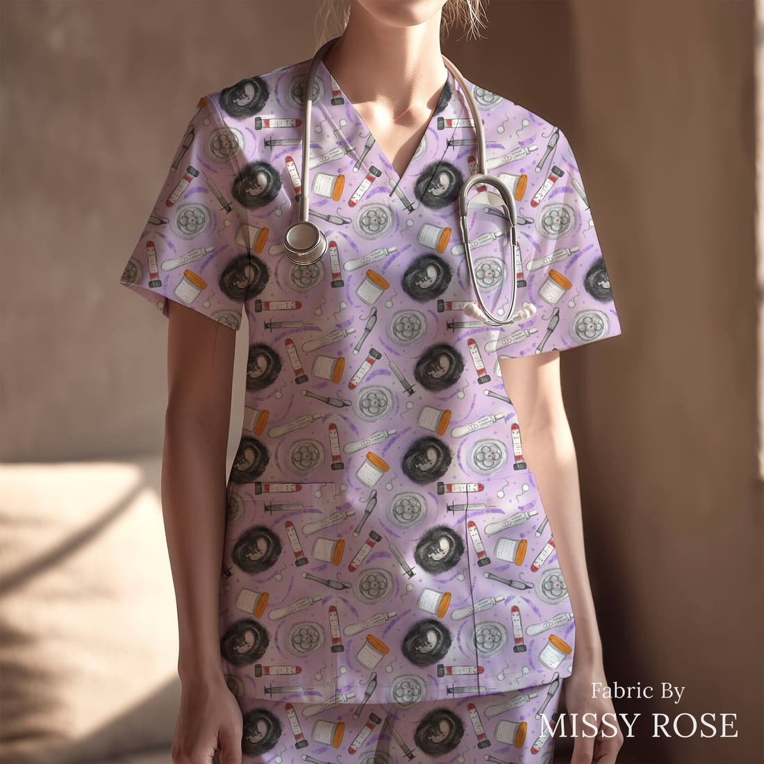 Design 808 Purple IVF Pattern sewn into a scrubs top – see how the print looks made up | Fabric by Missy Rose