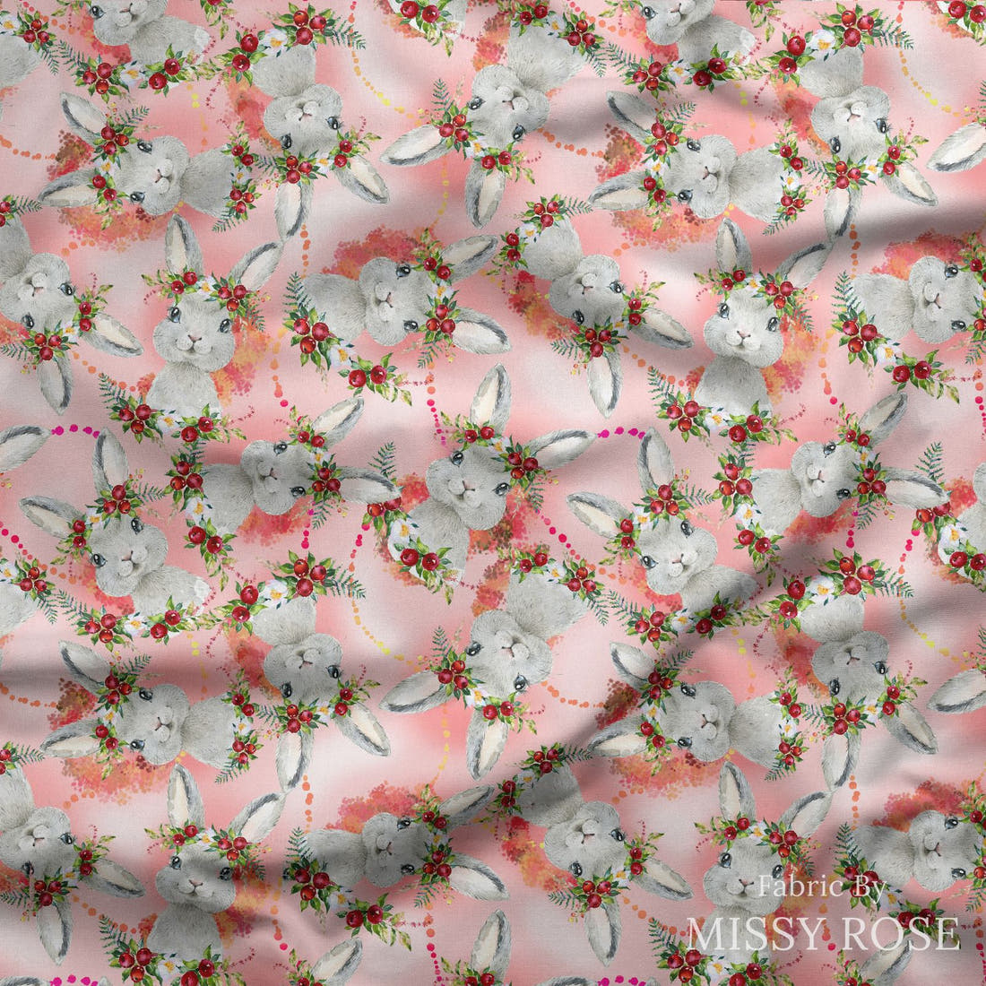 Design 809 Red Bunny Fabric draped fabric mockup – custom printed fabric by the metre | Fabric by Missy Rose