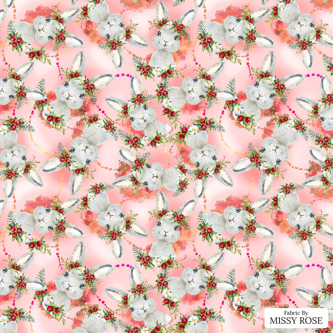 Design 809 Red Bunny Fabric - flat view of the print, zoom in for detail | Fabric by Missy Rose
