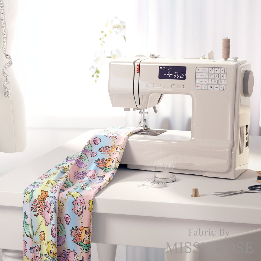Design 81 Merkitty Fabric on a sewing machine – premium fabric for sewing projects | Fabric by Missy Rose