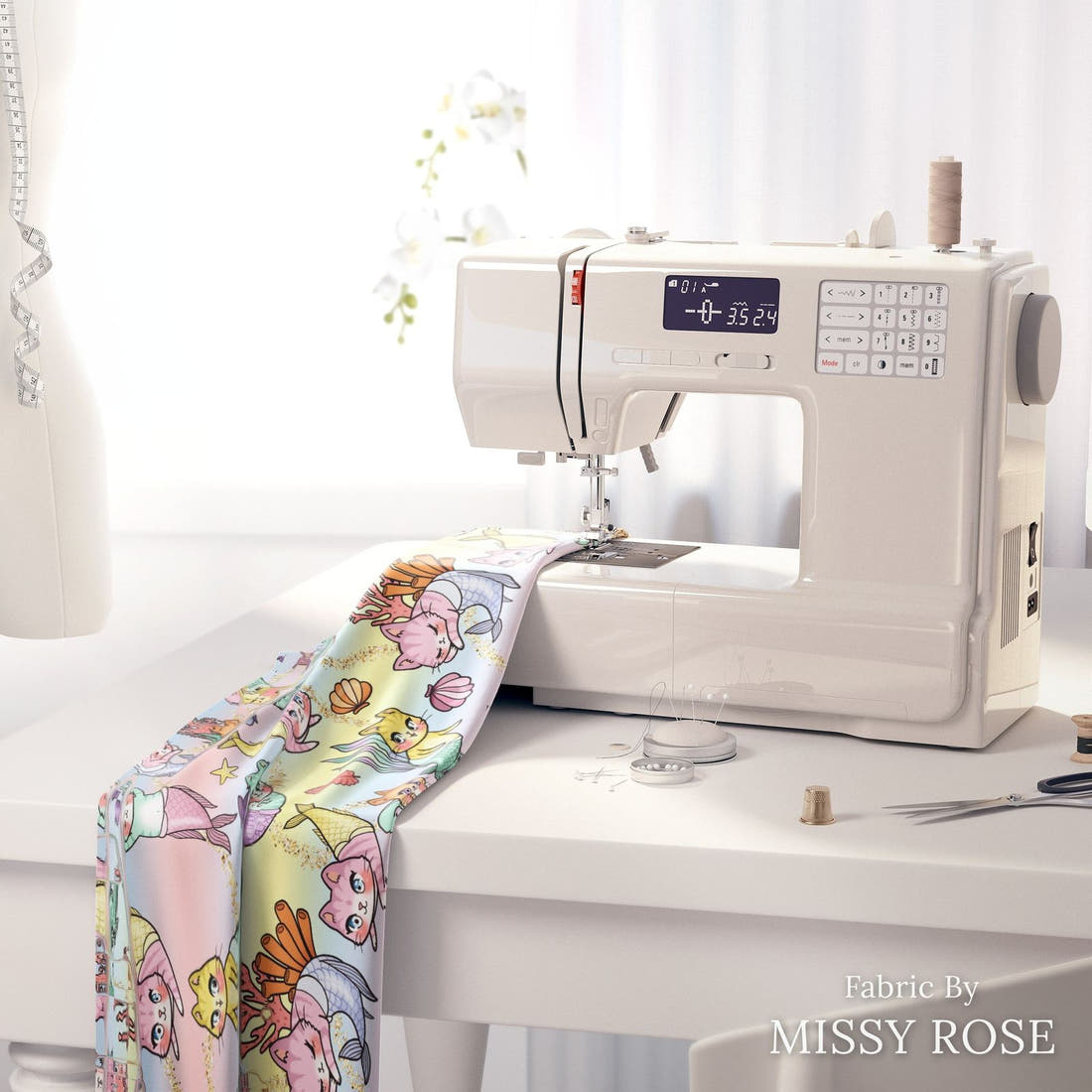Design 81 Merkitty Fabric on a sewing machine – premium fabric for sewing projects | Fabric by Missy Rose