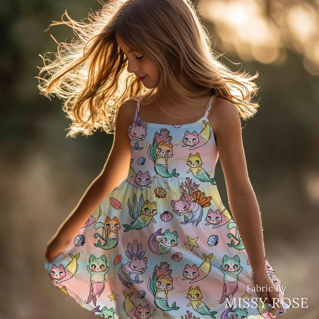 Design 81 Merkitty Fabric sewn into a girls' dress – see how the print looks made up | Fabric by Missy Rose