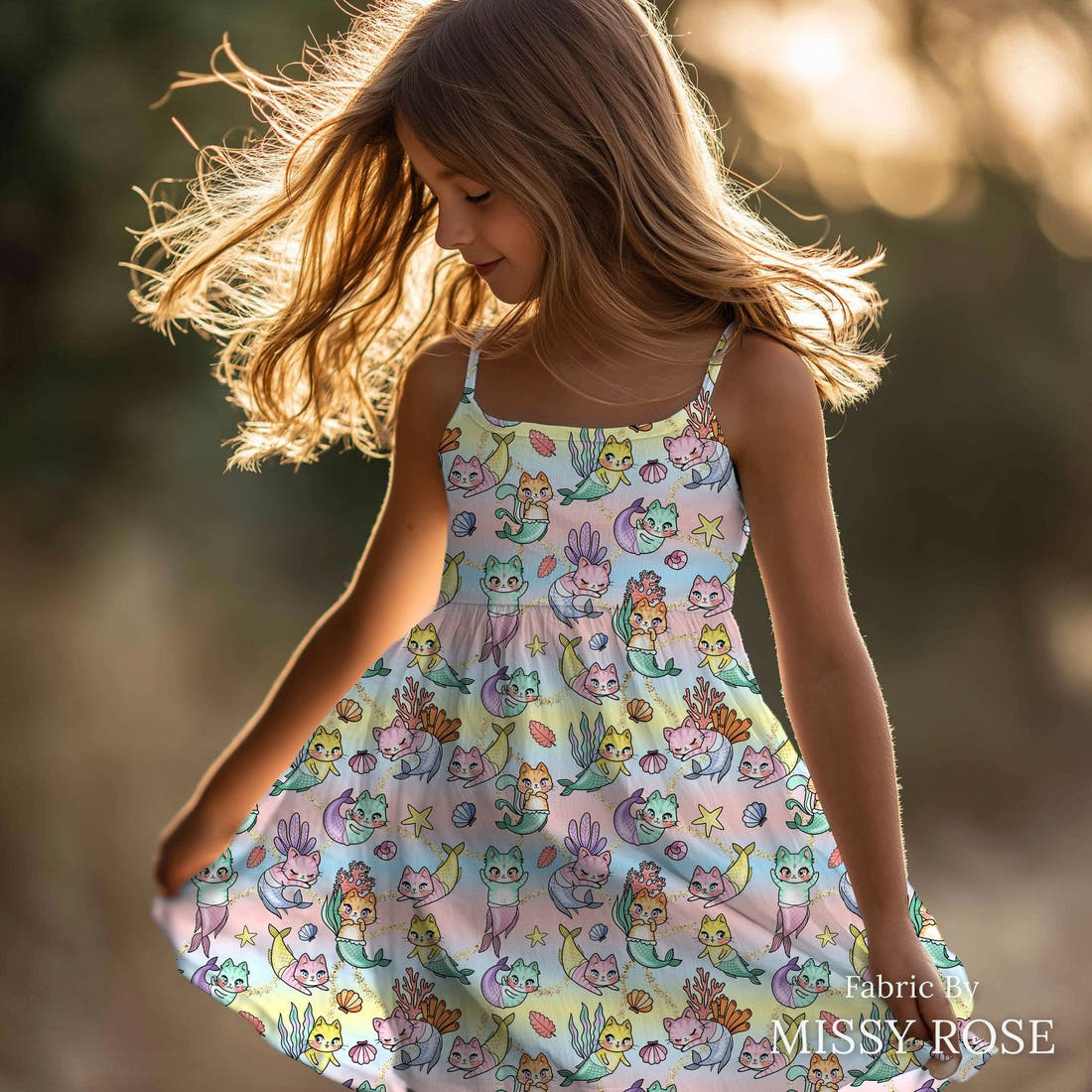 Design 81 Merkitty Fabric sewn into a girls' dress – see how the print looks made up | Fabric by Missy Rose
