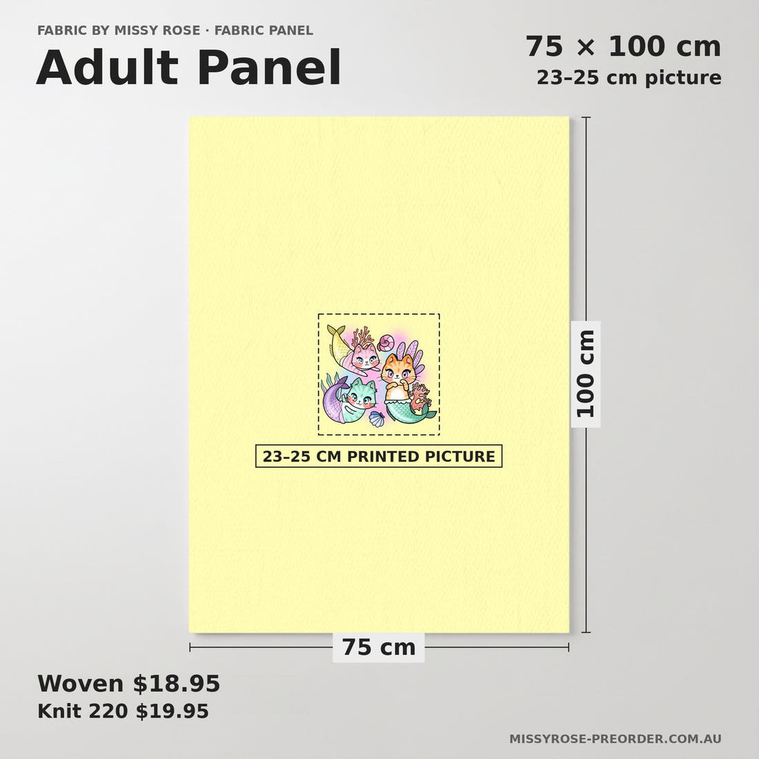 Design 81 Merkitty Panel adult panel sizing – 23–25 cm printed picture on 75 × 100 cm fabric | Fabric by Missy Rose