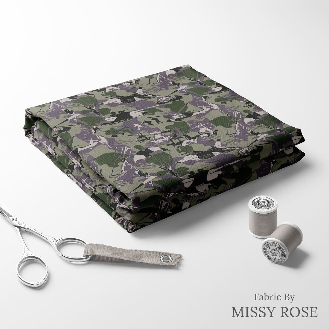 Design 810 Army Fabric folded fabric stack with matching thread – pre-order fabric Australia | Fabric by Missy Rose