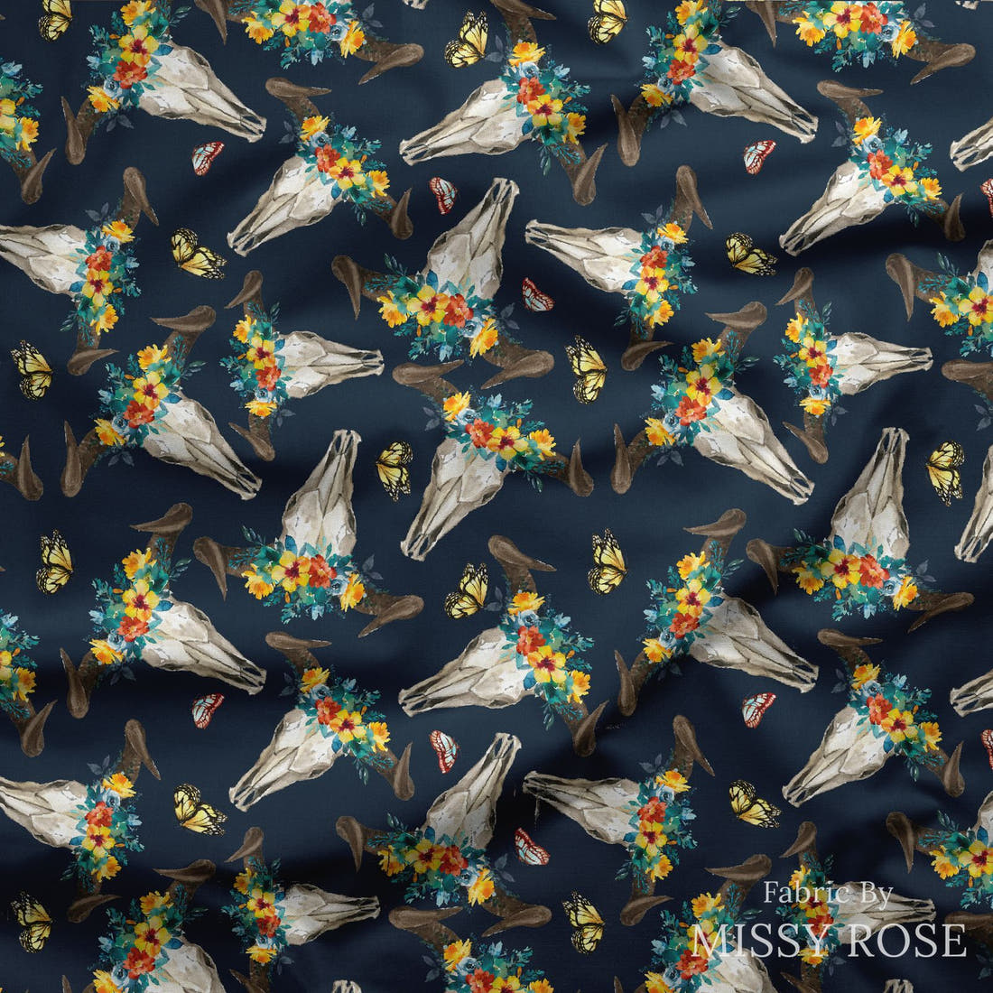 Design 811 Navy Cow Skull Fabric draped fabric mockup – custom printed fabric by the metre | Fabric by Missy Rose