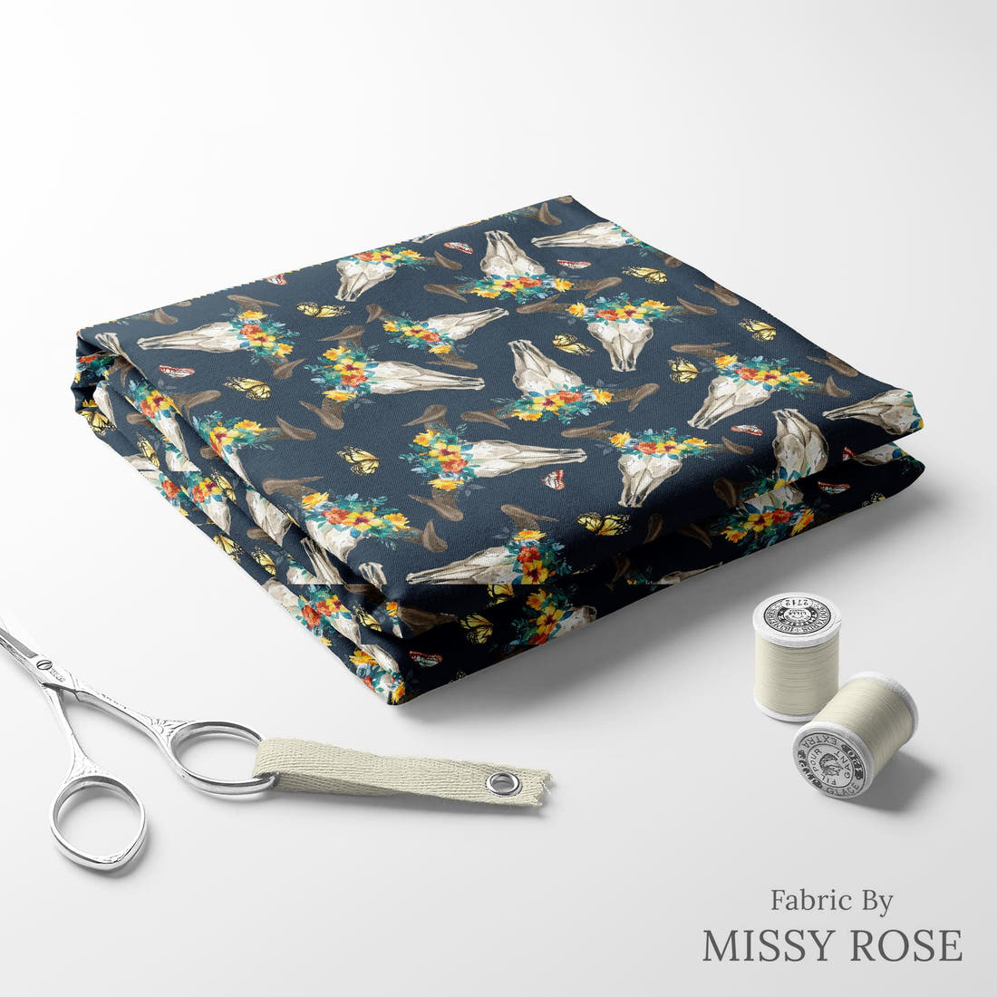 Design 811 Navy Cow Skull Fabric folded fabric stack with matching thread – pre-order fabric Australia | Fabric by Missy Rose