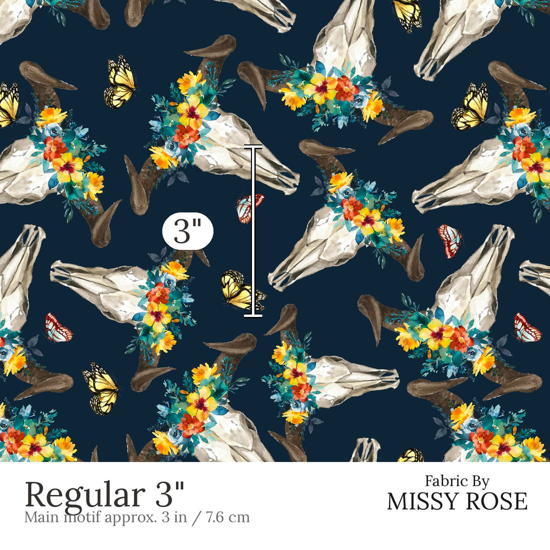 Design 811 Navy Cow Skull Fabric Regular 3 inch print scale guide | Fabric by Missy Rose
