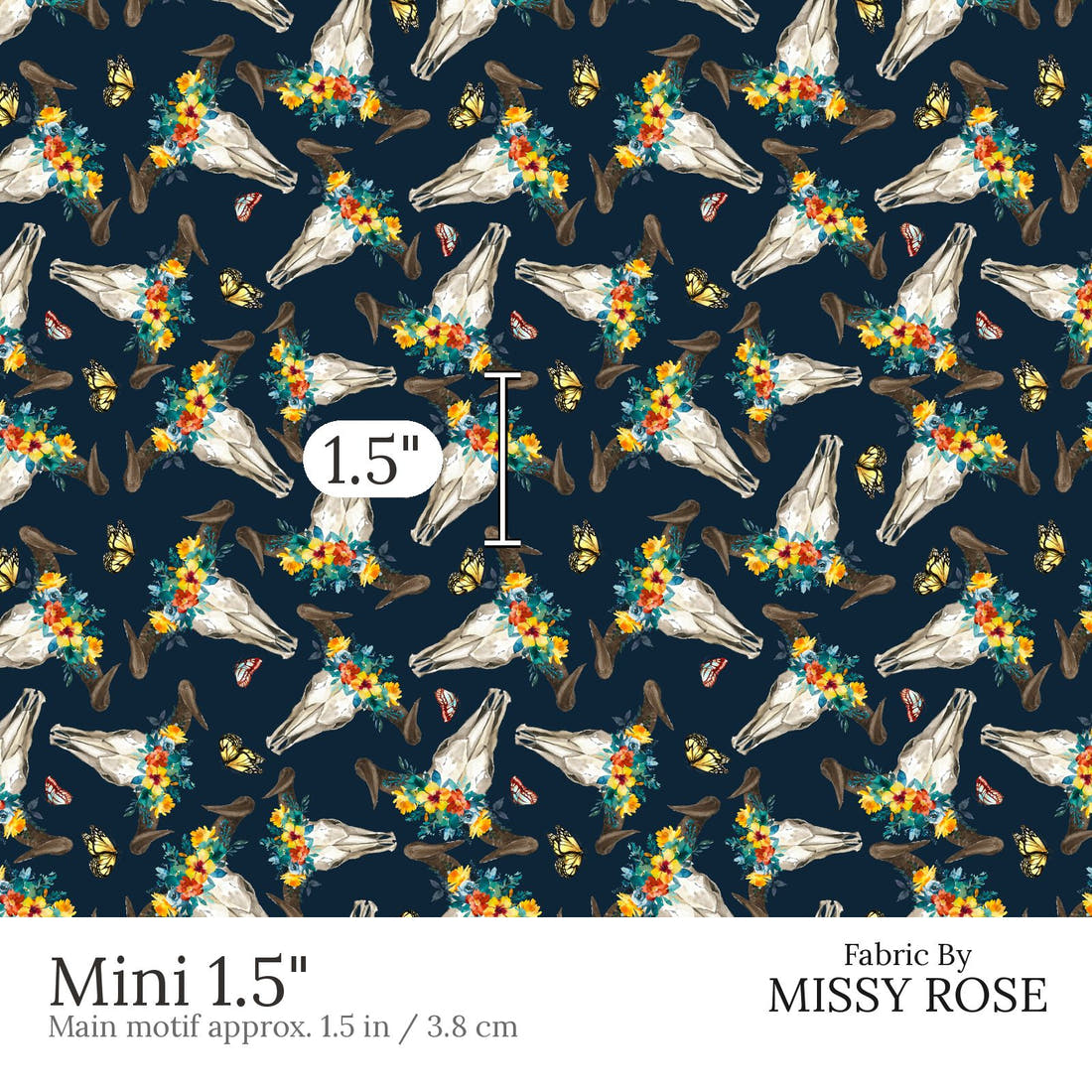 Design 811 Navy Cow Skull Fabric Mini 1.5 inch print scale guide | Fabric by Missy Rose