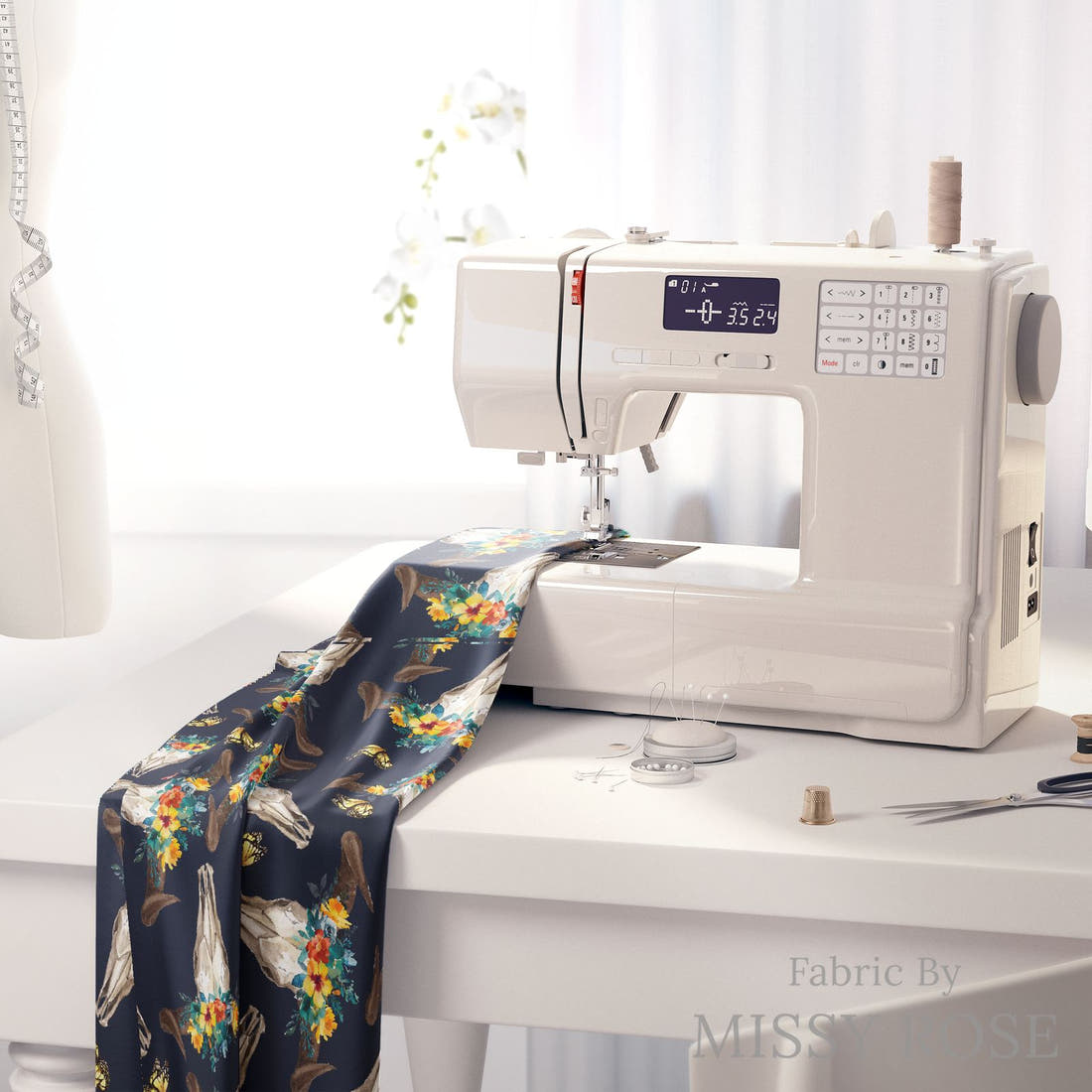 Design 811 Navy Cow Skull Fabric on a sewing machine – premium fabric for sewing projects | Fabric by Missy Rose