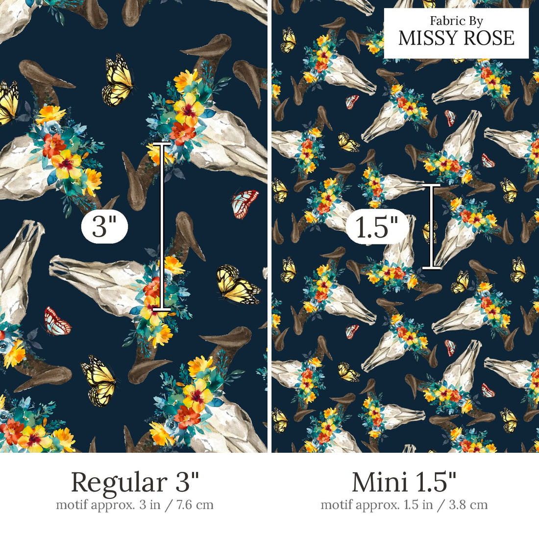 Design 811 Navy Cow Skull Fabric Regular 3 inch vs Mini 1.5 inch print scale side by side | Fabric by Missy Rose