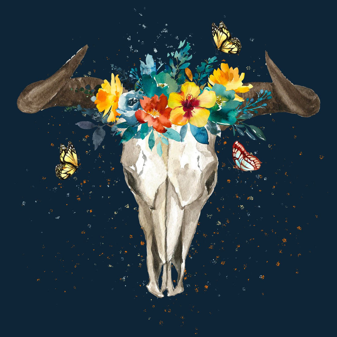 Design 811 Navy Cow Skull Panel – full artwork close-up of the printed picture | Fabric by Missy Rose