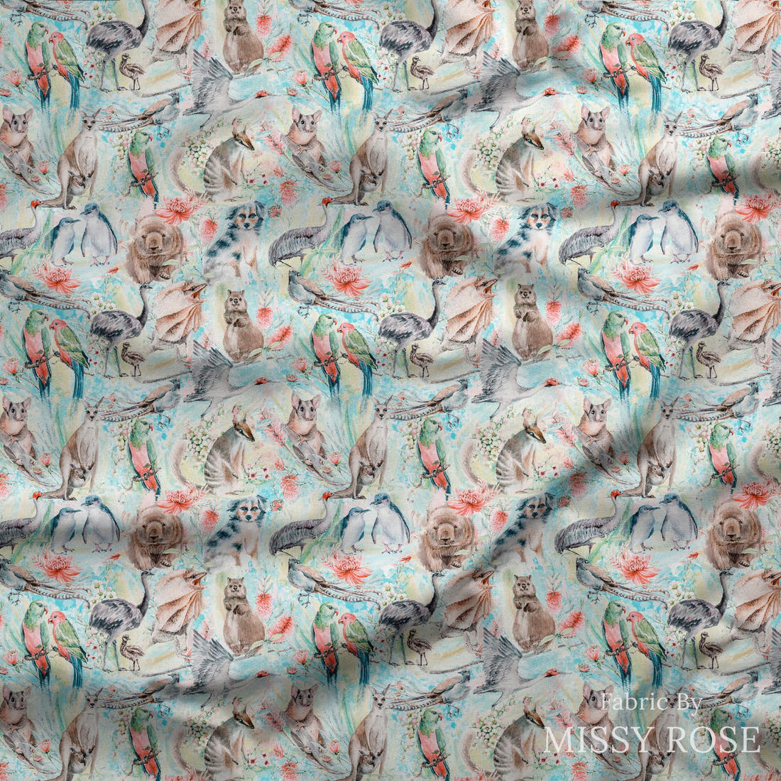 Design 812 Blue Australian Animal Fabric draped fabric mockup – custom printed fabric by the metre | Fabric by Missy Rose