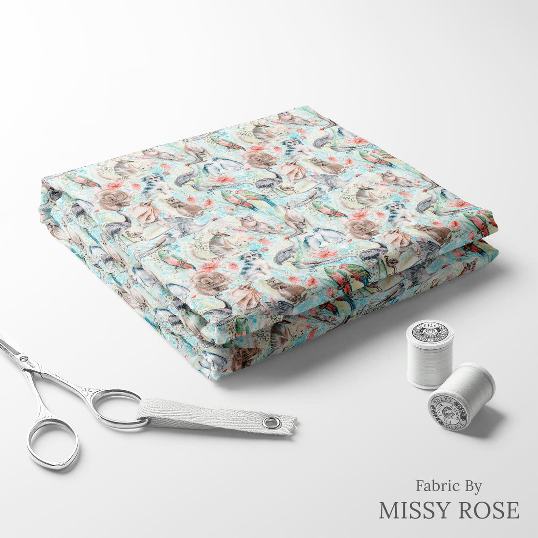 Design 812 Blue Australian Animal Fabric folded fabric stack with matching thread – pre-order fabric Australia | Fabric by Missy Rose