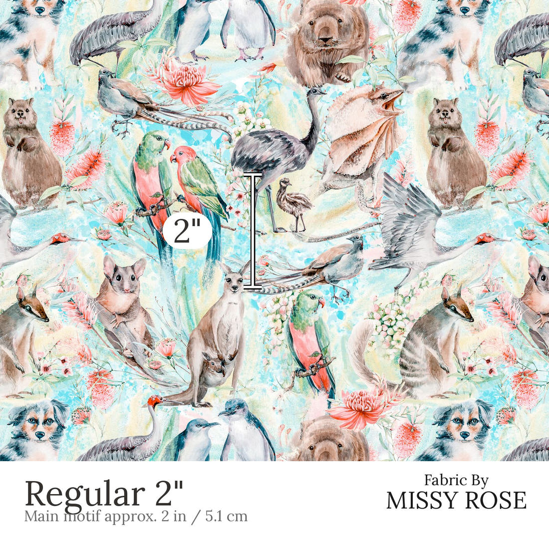 Design 812 Blue Australian Animal Fabric Regular 2 inch print scale guide | Fabric by Missy Rose