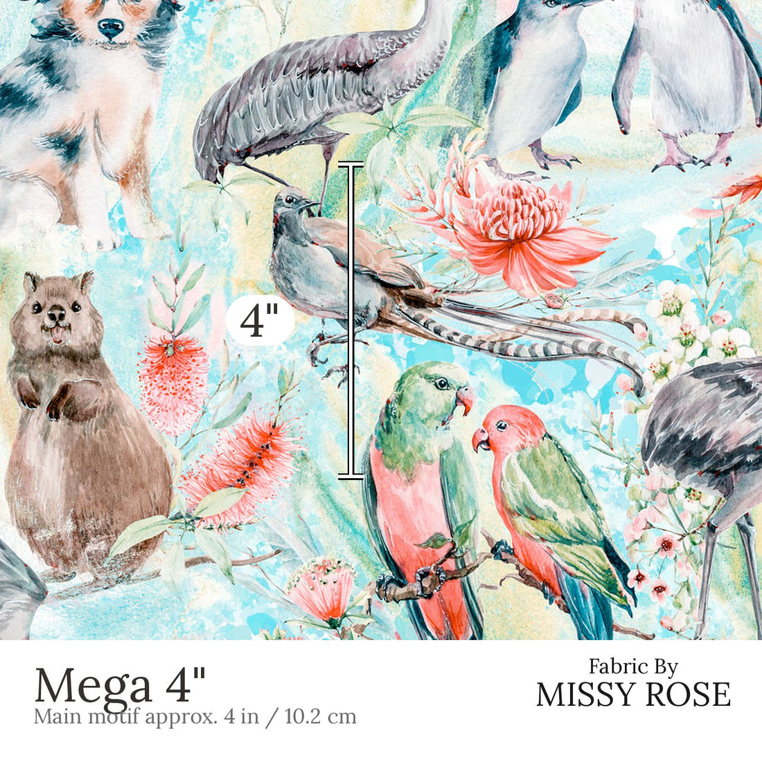 Design 812 Blue Australian Animal Fabric Mega 4 inch print scale guide | Fabric by Missy Rose