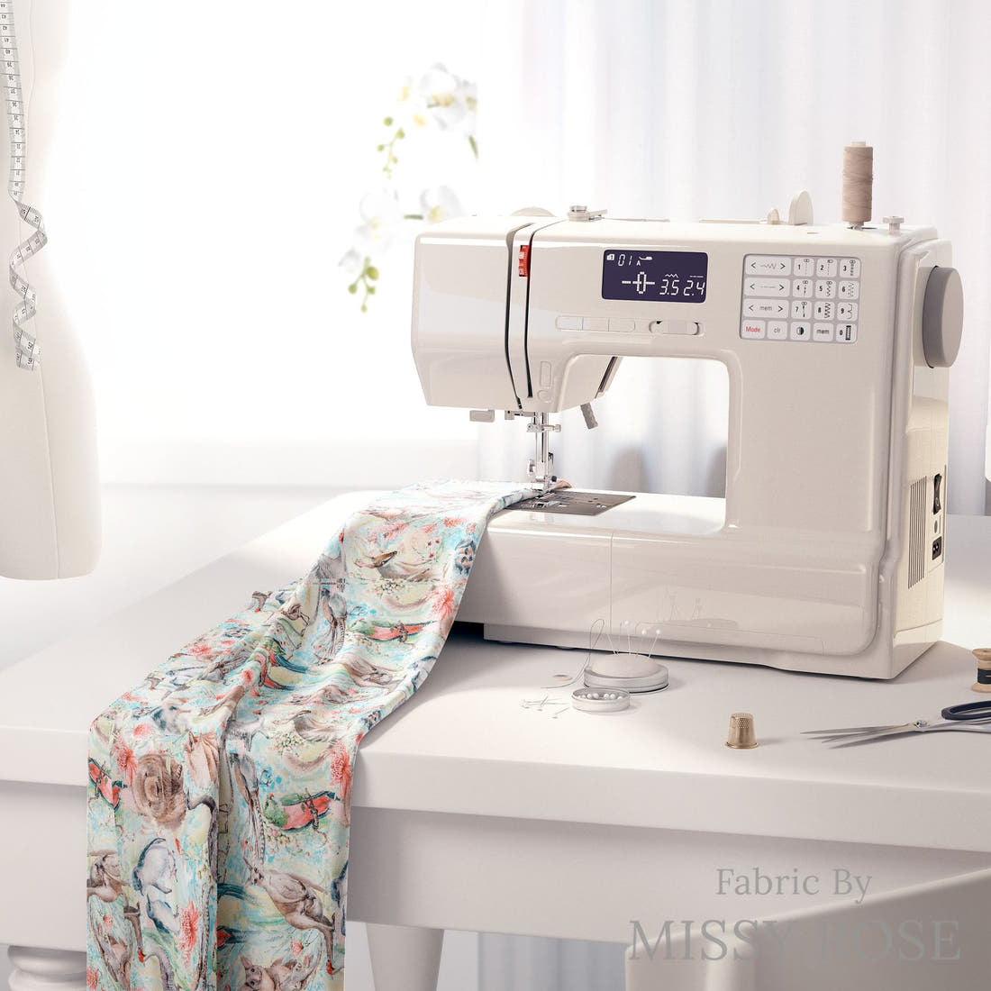 Design 812 Blue Australian Animal Fabric on a sewing machine – premium fabric for sewing projects | Fabric by Missy Rose