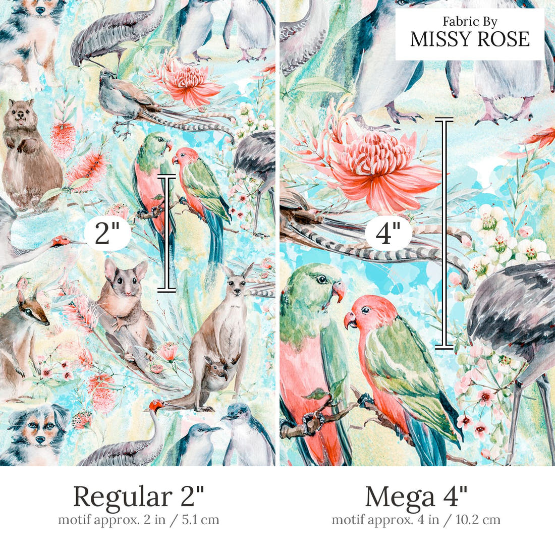 Design 812 Blue Australian Animal Fabric Regular 2 inch vs Mega 4 inch print scale side by side | Fabric by Missy Rose