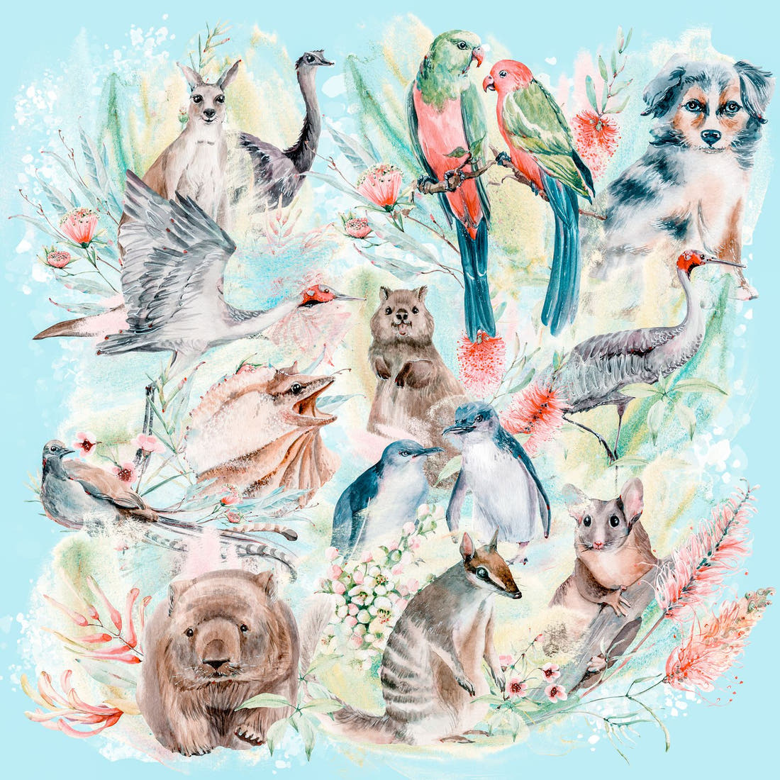 Design 812 Blue Australian Animal Panel – full artwork close-up of the printed picture | Fabric by Missy Rose