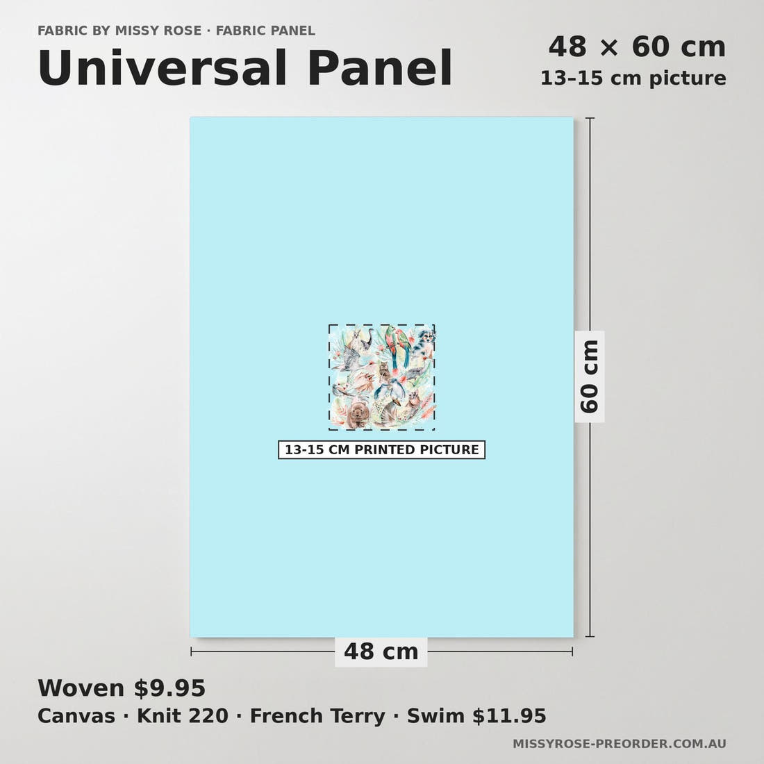 Design 812 Blue Australian Animal Panel universal panel sizing – 13–15 cm printed picture on 48 × 60 cm fabric | Fabric by Missy Rose