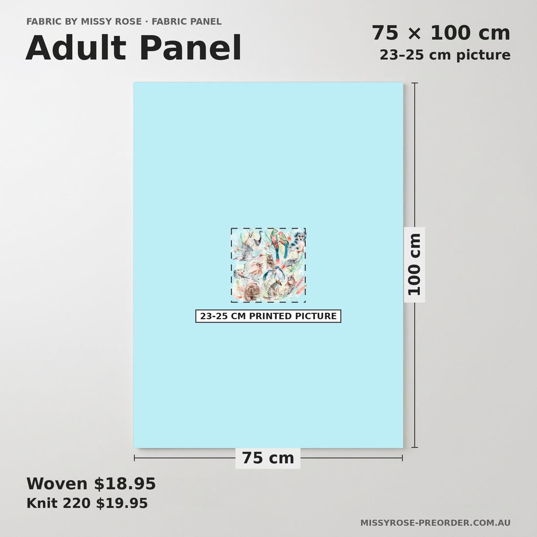 Design 812 Blue Australian Animal Panel adult panel sizing – 23–25 cm printed picture on 75 × 100 cm fabric | Fabric by Missy Rose