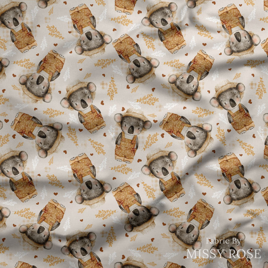 Design 813 Farmer Koala Fabric draped fabric mockup – custom printed fabric by the metre | Fabric by Missy Rose