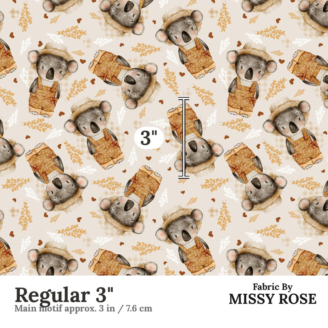 Design 813 Farmer Koala Fabric Regular 3" - print scale | Fabric by Missy Rose