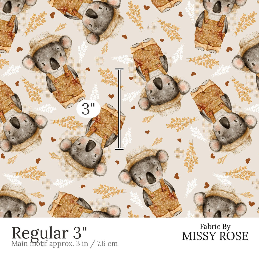 Design 813 Farmer Koala Fabric Regular 3 inch print scale guide | Fabric by Missy Rose