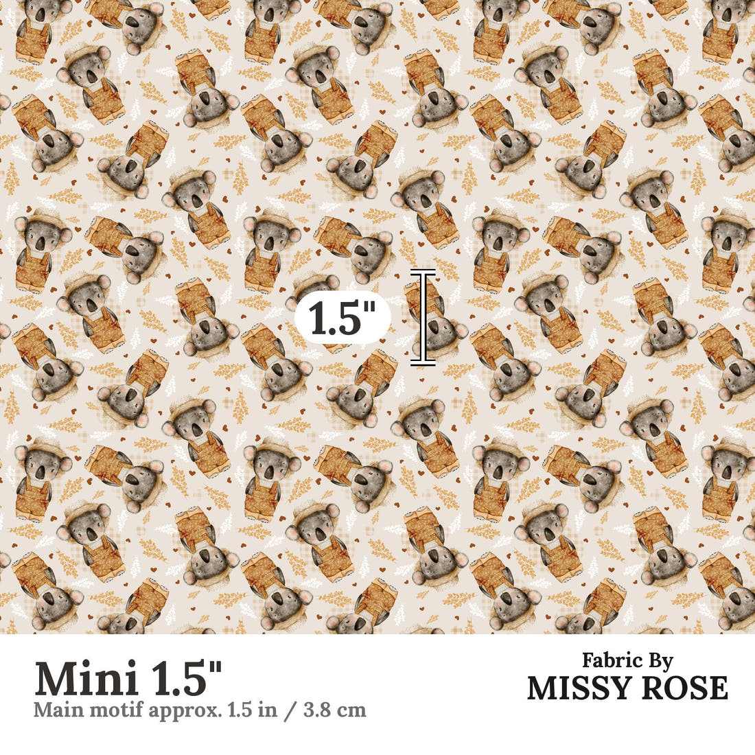 Design 813 Farmer Koala Fabric Mini 1.5" - print scale | Fabric by Missy Rose