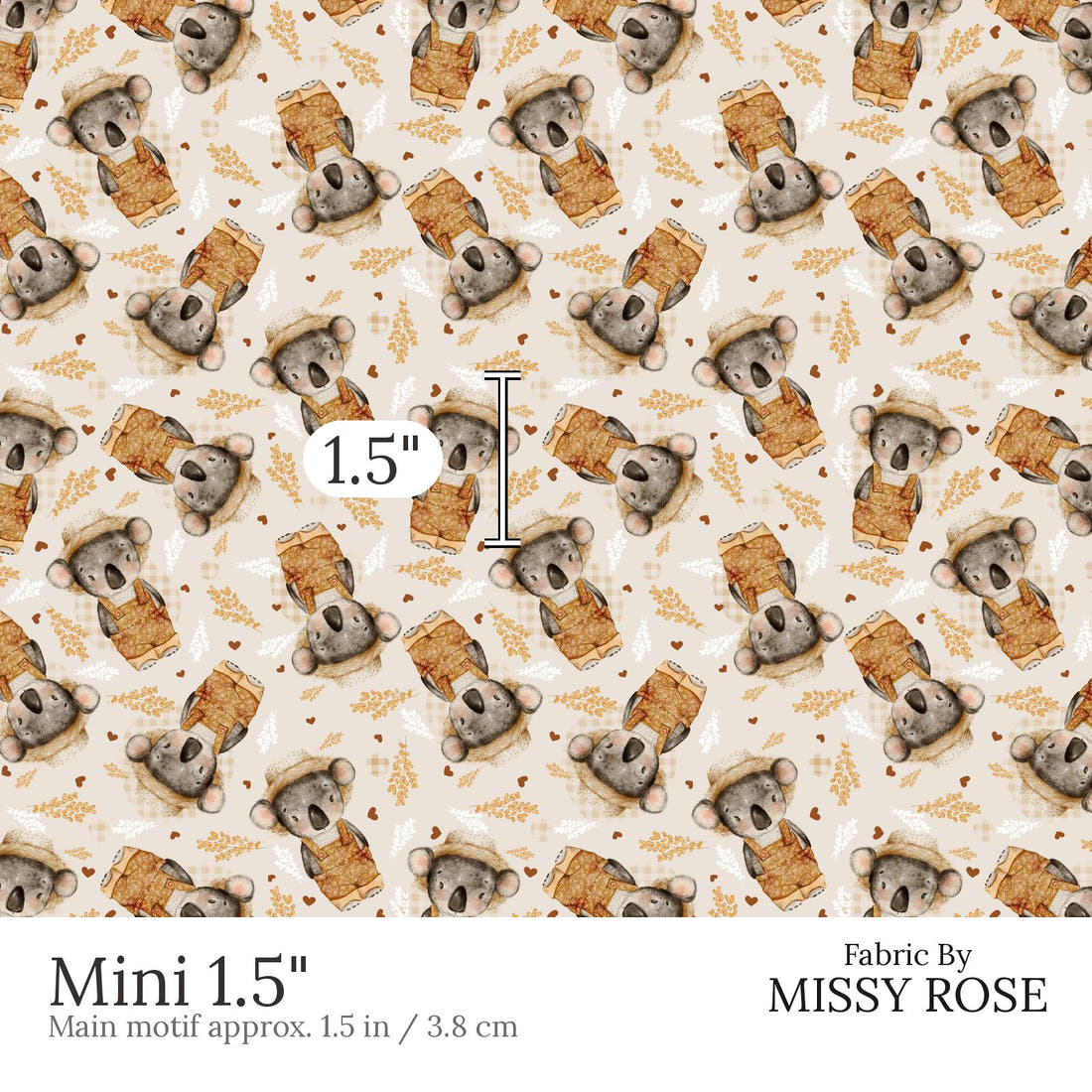 Design 813 Farmer Koala Fabric Mini 1.5 inch print scale guide | Fabric by Missy Rose