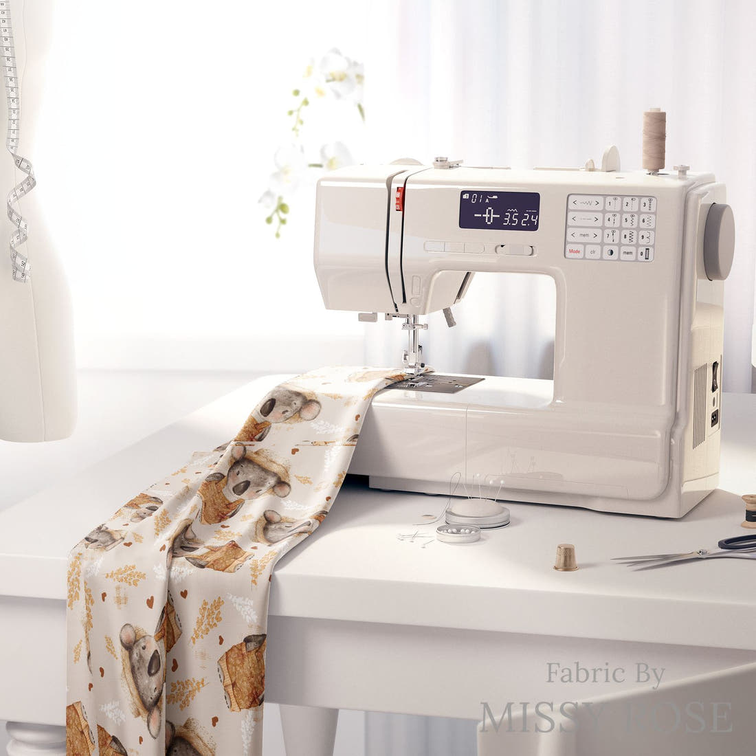 Design 813 Farmer Koala Fabric on a sewing machine – premium fabric for sewing projects | Fabric by Missy Rose