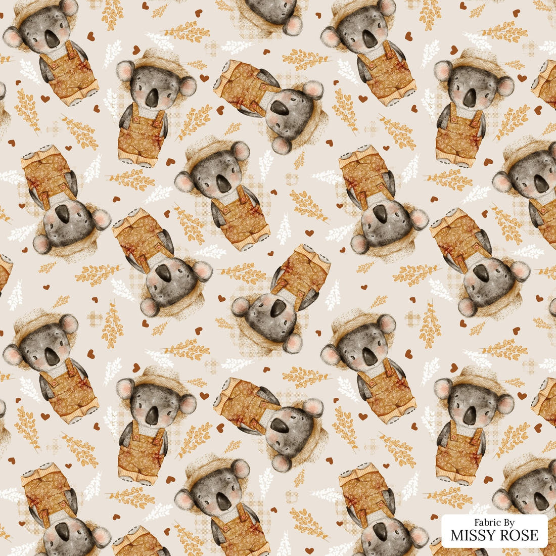 Design 813 Farmer Koala Fabric - flat view of the print, zoom in for detail | Fabric by Missy Rose