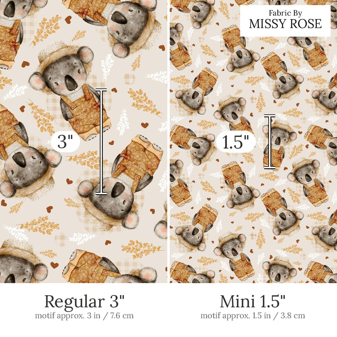 Design 813 Farmer Koala Fabric Regular 3 inch vs Mini 1.5 inch print scale side by side | Fabric by Missy Rose