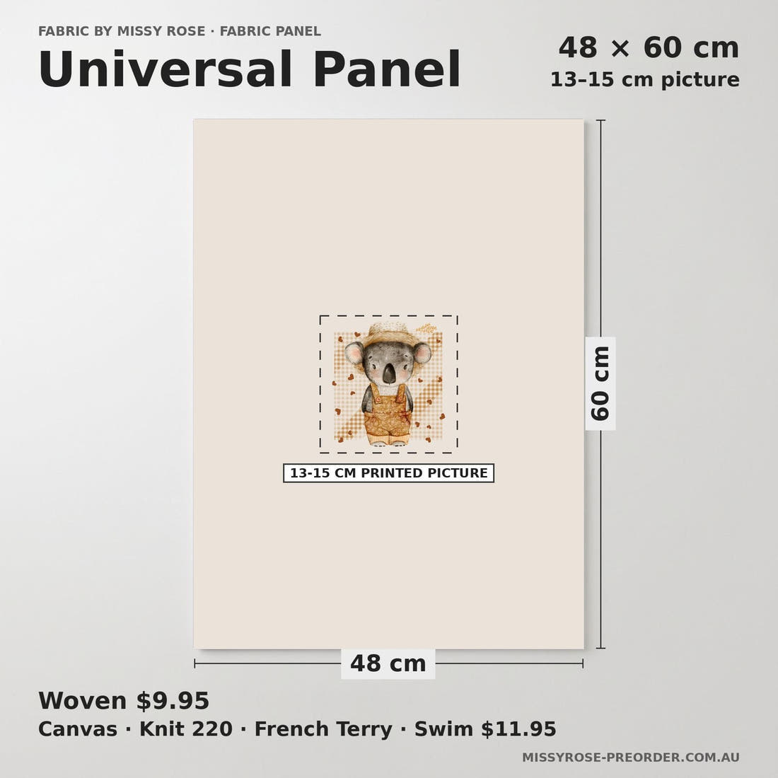 Design 813 Farmer Koala Panel universal panel sizing – 13–15 cm printed picture on 48 × 60 cm fabric | Fabric by Missy Rose