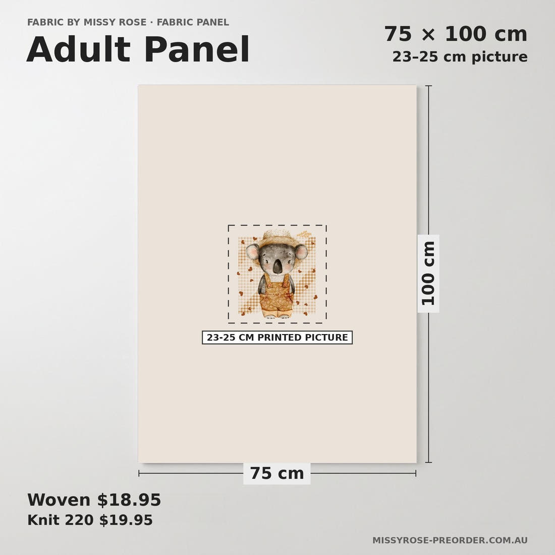 Design 813 Farmer Koala Panel adult panel sizing – 23–25 cm printed picture on 75 × 100 cm fabric | Fabric by Missy Rose