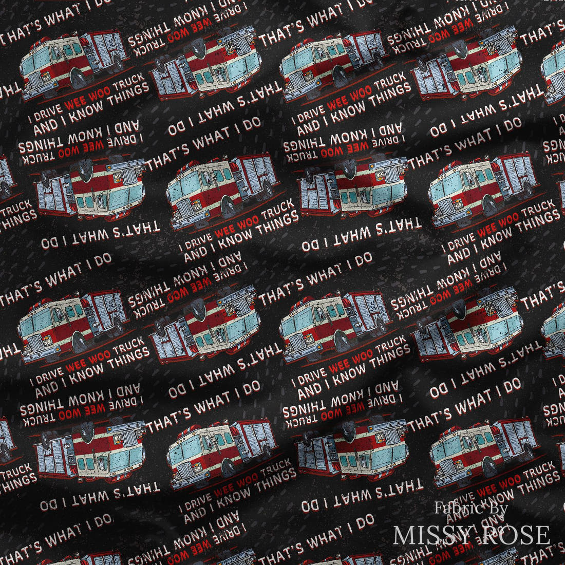 Design 814 Fire Truck Fabric draped fabric mockup – custom printed fabric by the metre | Fabric by Missy Rose