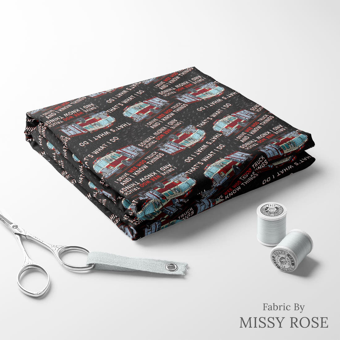 Design 814 Fire Truck Fabric folded fabric stack with matching thread – pre-order fabric Australia | Fabric by Missy Rose