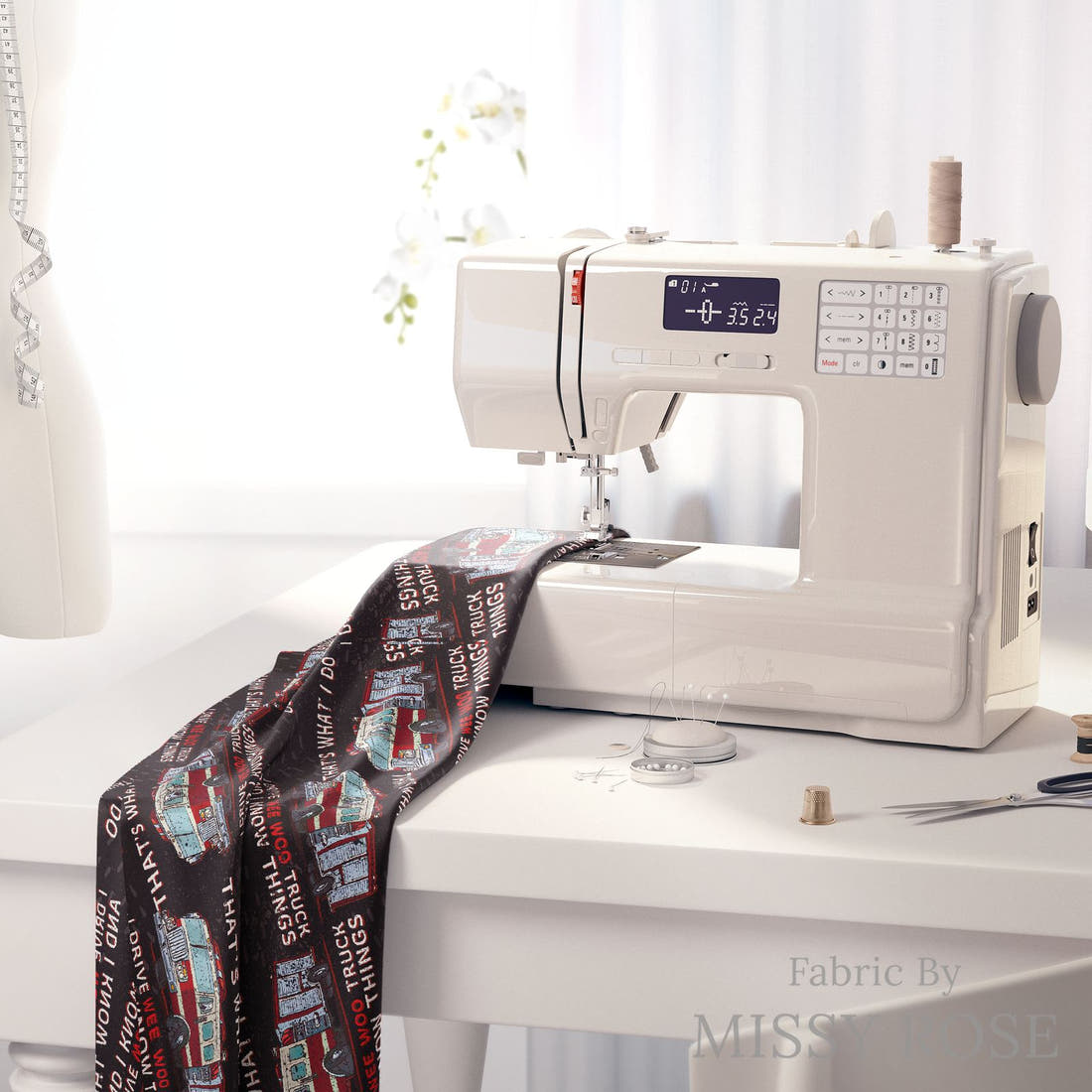 Design 814 Fire Truck Fabric on a sewing machine – premium fabric for sewing projects | Fabric by Missy Rose